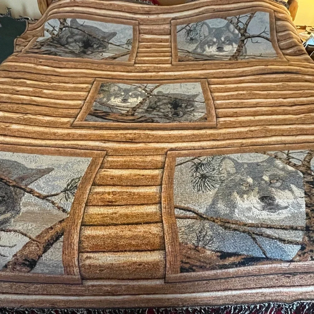 Log Cabin Wolf Tapestry Throw Blanket Woodland Wildlife Nature‎ Cozy Decor XL